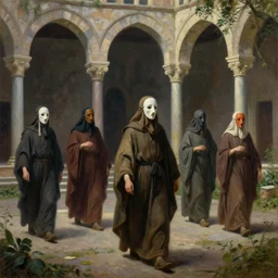 disciples in masks walking through an ambient light - filled courtyard, morning light, romanesque architecture, chiaroscuro, atmospheric, detailed, lush, fantastical, oil on canvas