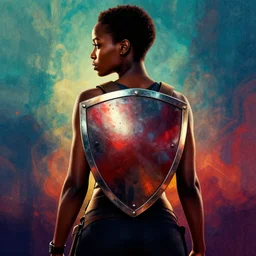 black woman with a shield on her back, artistic movie poster