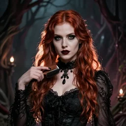 goth woman brushing her hair, horror background
