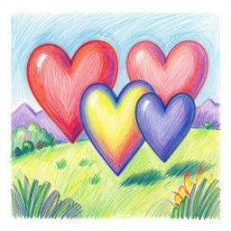 solid - bordered - artwork. vibrant hearts in surreal form in a landscape. colored - pencil scribble drawing