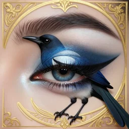eye makeup inspired by a magpie, deep focus, d & d, fantasy, intricate, elegant, highly detailed, digital painting, artstation, concept art, matte, sharp focus, illustration, hearthstone, art by artgerm and greg rutkowski and alphonse mucha