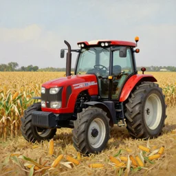a professional photo of a red tractor on a field of ripe corn ready to harvest corn stalks farm life oil painting by norman rockwell