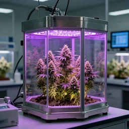purple light laboratory for growing marijuana, marijuana is in plant incubator made of glass, stainless steel, precision instruments and screens.