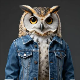 portrait of an owl made of jeans jacket, medium shot, super realistic, crisp details, sharp, detailed, intricate, volumetric lights, cinematic, octane render