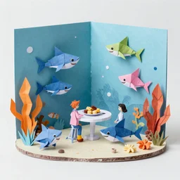 paper craft diorama of an underwater party with origami sharks and a mermaid