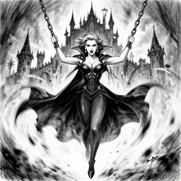 fully in frame, symmetrical scarlett johansson as a vampire swinging chains, gothic castle in the background, movement effects, motion blur, afro samurai anime style, black and white, pencil and ink