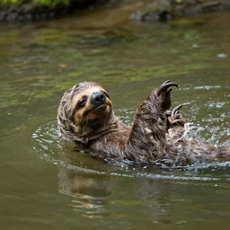 a sloth swimming across a river, nature photography