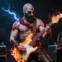 sunglasses wearing kratos rocking out on a burning stratocaster guitar, cinematic render, god of war 2 0 1 8, playstation studios official media, sunglasses, lightning