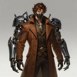 a highly detailed illustration of thick curly brown haired young white guy wearing brown coat and face mask, with doc ock mechanical arms on his back, dramatic standing pose, intricate, elegant, highly detailed, centered, digital painting, artstation, concept art, smooth, sharp focus, league of legends concept art, WLOP