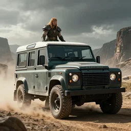 Land Rover Defender 110 (1985), an epic fantasy, dramatic lighting, cinematic, establishing shot, extremely high detail, photorealistic, cinematic lighting, artstation, by simon stalenhag, The Elder Scrolls III: Morrowind, the Nerevarine drives across Morrowind