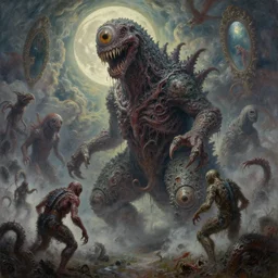 concept art of giant kaijus, lovecraftian, cyclops, lots of teeth, melting horror, round moon, rich clouds, fighting the horrors of the unknown, mirrors, very detailed, volumetric light, mist, grim, fine art, decaying, textured oil over canvas, epic fantasy art, very colorful, ornate, anato finnstark