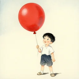 a small boy standing and smiling who is proudly holding a large red balloon. ukiyo style watercolor painting
