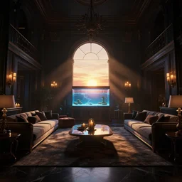 videogame screenshot of a very dark dreamy luxury maximalist living room, saltwater aquarium, candlelight, sunset glow, dark shadows, god rays, chiaroscuro, backlit, octane render, volumetric lighting, raytracing, symmetrical wide shot low angle