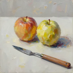impasto oil paint, partly painted with palette knife, fruit on a table by mostafa keyhani