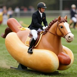 a photograph of john kelly riding a giant hot dog like a horse, extreme detail, award winning photography, 2 0 mm lens