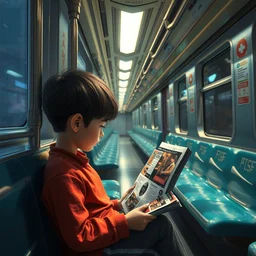 kid sitting in the empty subway train reading magazine, wallpaper 3 d pixar disney digital cgi rtx hdr painting bioluminance alena aenami artworks in 4 kby jesper ejsing, feng zhu and loish beeple, by thomas kinkade 2 2 2 2