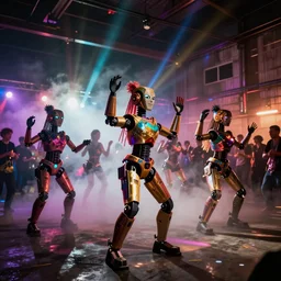 flash photography of life size animatronic dolls at a secret underground rave dance party in a warehouse by annie leibovitz, fog machines, colorful, light effects!!, nighttime!!,