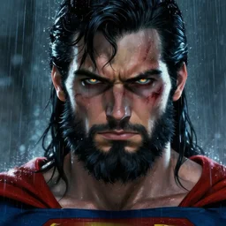 superman with long beard and intense eyes, scarred, wet, raining, close up, rim lighting, portrait, sinister atmospheric lighting. highly detailed painting by greg rutkowski, anime style
