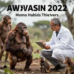 Homo habilis meeting modern scientist, field researcher, proto-humans, 2022 photograph, award-winning photo