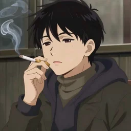 a still from ananime, smoking a cigarette. 1 9 8 9