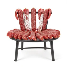 a round bench made from salami, studio photography, white background, 5 0 mm