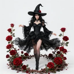 fantasy female dark witch surrounded by roses and thorns, fullbody view, wide angle view, highly detailed, qichao wang, artgerm, cushart krenz, zeronis, trending on artstation, soft light, sharp edges, illustration, character design, concept art