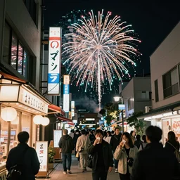 street scene outside a japanese fireworks shop with people drinking and being happy, artistic shot, dynamic lighting, night time, neon lights