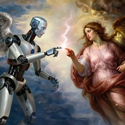 a godly robot and a human woman touch by their finger tips, giving life to each other, exchanging lightning of beautiful energy through their fingers, nails concept art, angelic clouds in the background, cinematic, inspired by the creation of adam by michelangelo