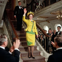 a vintage historical fantasy 1 9 3 0 s kodachrome slide german and eastern european mix of the queen of winter is pictured attending a royal tour. she is shown descending a staircase from a luxurious plane, waving to the crowd below. she is donning a pencil skirt and peplum jacket in a yellow and green skirt suit.