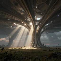futuristic branching and bifurcating and vaulted structure stretching out across the countryside, beautiful dynamic lighting, cinematic, wide angle establishing shot, extremely high detail, photo realistic, cinematic lighting, post processed, concept art, artstation, matte painting, style by eddie mendoza, raphael lacoste, alex ross, volumetric lighting, light rays, photorealistic, ultrarealistic, moody, coronarender, 8k