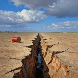 a landscape with a huge deep crack that is running from foreground to horizon, blue sky with dark clouds, an oilbarrel leaks oil into the crack, hyperdetailed painting, wide angle