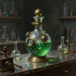 a painting of a complex vintage steampunk green potion bottle on the edge of a counter in a dark dusty vintage science lab, by h. r. giger, hyperrealistic fantasy art, concept matte, ethereal, dreamy, digital art, trending on artstation, volumetric cinematic lighting