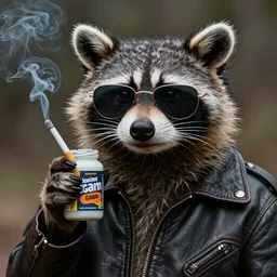 grease, raccoon in a leather jacket smoking a cigarette with sunglasses, highly detailed, photorealistic
