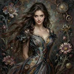 facial portrait of a young pretty woman in flowing dress, arrogant, mysterious, long fine flowing hair, delicate, looking at camera, slightly awkward smile, realistic face, hands behind back, intricate, stylish, elegant, grimdark fantasy, flowers, extremely detailed painting inspired by Gerald Brom and Ernst Haeckel and Greg Rutkowski