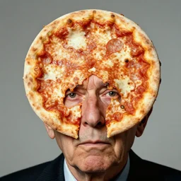 studio portrait of old man with a perfectly round head, shaped like a pizza, with a small face sticking through the center of a pizza margherita, disturbing reality, shocking revelation, unsettling, extremely detailed, soft lighting, sharp close - up, droopy eyes, exhibition, masterpiece by george hurrell
