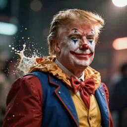 donald trump as a clown in gears of war, splash art, movie still, cinematic lighting, ray tracing, detailed face, octane render, long lens, shallow depth of field, bokeh, anamorphic lens flare, 8 k, hyper detailed, 3 5 mm film grain