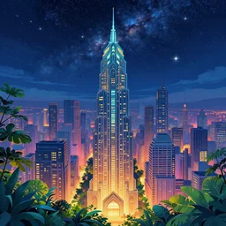 digital illustration of a beautiful cityscape, beautiful plants, breathtaking stars, very detailed, 4 k, 8 k, sharp focus, surrealism, art deco, vibrant color scheme, cgsociety, 2 d art, by beeple and makoto shinkai