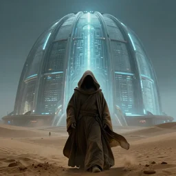 a robed mysterious person in front of glowing sci - fi nuclear containment building in a still from dune ( 2 0 2 1 ), 4 k