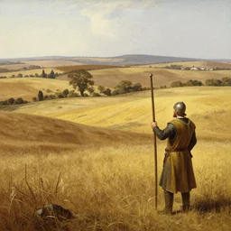 a dry land of rolling pastures and farms with yellow!!! and brown!!! grass, medieval era, by asher brown durand and chesley bonestell