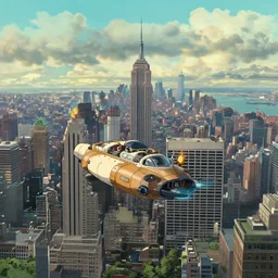 A spaceship floating above New York City by Hayao Miyazaki, cinematic 8k UHD