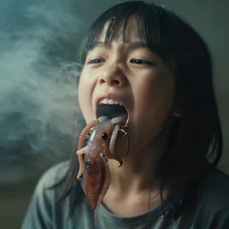 realistic portrait photography of woman 3 5 years old mouth open by daikichi amano, eels cockroachs worms squid coming out of the mouth, cinematographic, cinematic light, grainy image, intense, a bit of smoke and fog around, filth and grim, 8 0 mm lens,