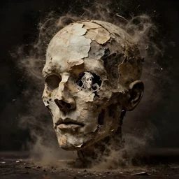 a dark morbid portrait of an exploding human head made from antique paper, dry and dusty faling apart, intricate, cinematic lighting, surreal photography, simon stalenhag