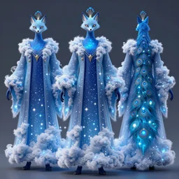 3 d character model of a starry blue fox peacock druid wearing magic imbued mage robes made from clouds with fairy lights inside the clouds to resemble stars, cloud mage robes, fantasy, proper anatomy, dungeons and dragons, fantasy art, in the style of the dragon prince on netflix, in the style of arcane the series on netflix