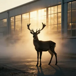 a cinematic aerial silhouette of a majestic but tiny deer standing outside a very large industrial building with great windows, golden light, fat mist, backlit, insane details, hyperrealistic photo by jimmy nelson, trending on artstation