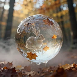 a 3 5 mm lomography long shot photo of melted clear soap fresnel rabbit turbulence surface in the sunshine autumn forest, falling autumn leaves are reflected in the ball, foggy bottom, god rays, ultrasharp, detailed, cinematic