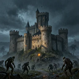 outside view of a medieval castle being surrounded by orcs, night sky, volumetric shadow, rain, painted by greg rutkowski, extremely detailed, semirealism, artstation, octane render, sharpness, 8 k, golden ratio