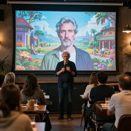 a gray - haired man with a microphone stands in front of the screen, the audience sits at the cafes tables, surrealist digital art