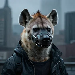 new york city portrait icon of furry anthro anthropomorphic spotted hyena head animal person fursona wearing clothes strange cybernetic cyborg muzzle gloomy rainy screenshot from the video game cyberpunk 2077 digital art by Greg Rutkowski, Simon Stalenhag, christopher nolan trending on Artstation, CGSociety