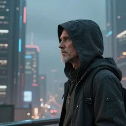 a elder man wearing a hood staring at a cyberpunk city, sci-fi art, digital art, matte painting, award-winning