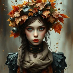 full body wide environmental shot portrait of beautiful steampunk girl by irakli nadar with intricate detailed color smashing fluid oil paint and acrylic, dried moss and dried autumn leaves headdress, melting wax, mycelia, abstract impressionism, ruan jia, dark fantasy, hyper detailed, concept art, by gustav klimt,